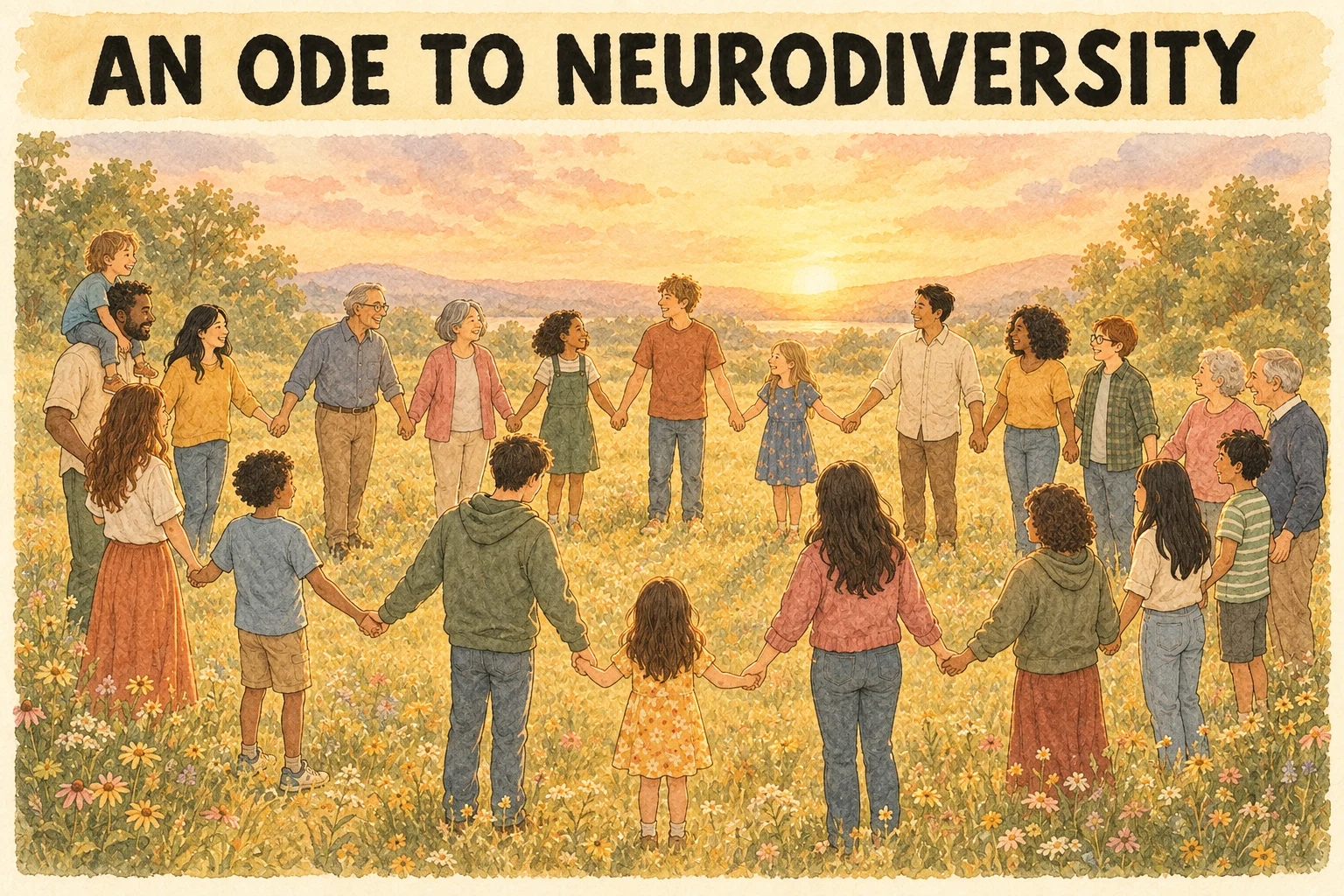A wide circle of many different people holding hands in a golden meadow at sunset: families, children, young adults, and grandparents of many ethnicities, all standing, dressed in simple everyday casual clothes with no head coverings and natural hair colors; a child sits on a father's shoulders. Every person looks different and everyone is smiling, joined into one unbroken circle. No thought bubbles, no picture frames, no floating symbols.