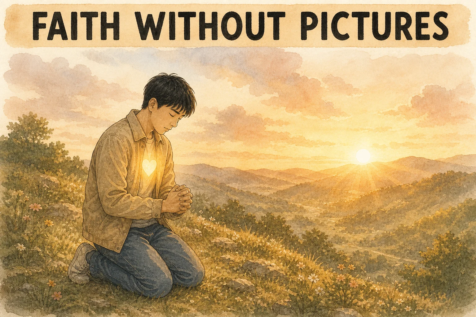 a young East Asian man with short straight black hair kneels in prayer on a grassy hillside at dawn with his eyes closed and a softly glowing heart on his chest; warm golden sunrise light breaks over the hills and falls gently on his shoulders. No thought bubbles, no picture frames, no floating symbols.