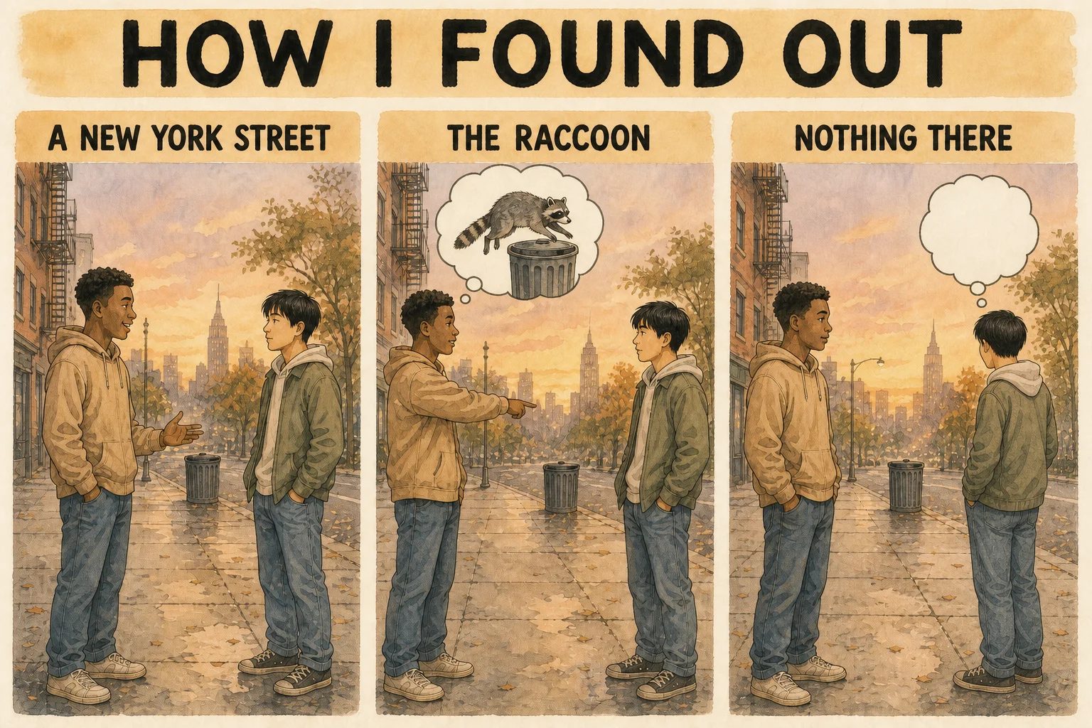 Every panel uses the SAME fixed composition: on a New York City sidewalk at dusk, a young Black man with a short haircut stands on the LEFT and a young East Asian man with short straight black hair stands on the RIGHT, both in the foreground, and a metal trash can sits in the far background at the center of the panel near the curb. Both men and the distant trash can appear in all three panels. Panel one: the two friends chat, no thought bubbles. Panel two: the Black man on the left points at the distant trash can, and ONE thought bubble rises directly above HIS head on the left side, its trail of small circles touching his head, showing a painted raccoon leaping into the trash can; the East Asian man has no bubble. Panel three: the Black man on the left stands quietly with no bubble; the East Asian man on the right turns toward the real empty distant trash can in wonder, and ONE completely empty thought bubble rises directly above HIS head.