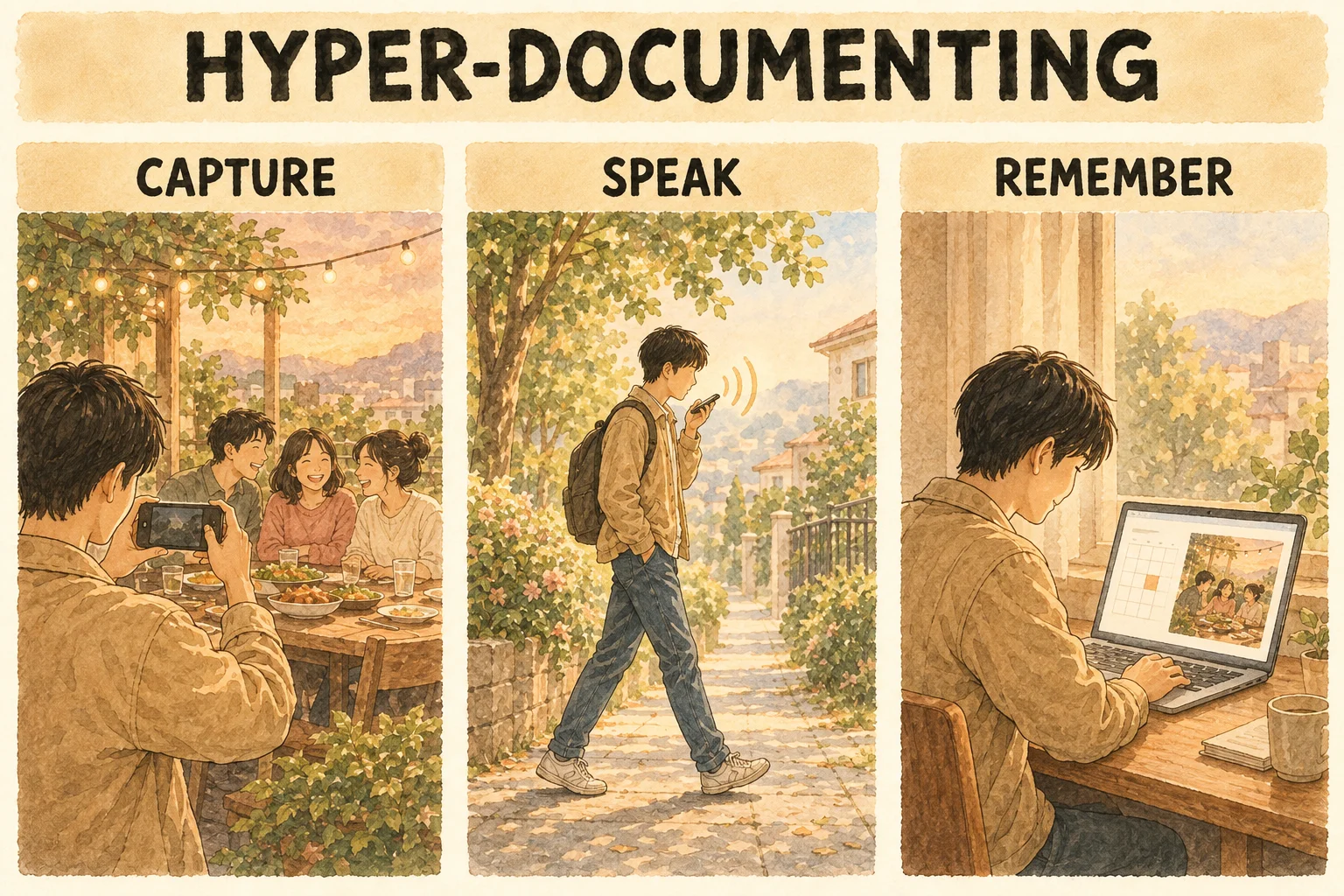 Panel one: a young East Asian man with short straight black hair in a tan jacket takes a photo with his phone of friends laughing around a dinner table. Panel two: the same man walks down a sunny sidewalk speaking into his phone held near his mouth, with soft sound waves drawn coming from the phone. Panel three: the same man sits at a desk looking at a laptop screen that shows a simple calendar and a warm photo from that day, smiling as he remembers. No thought bubbles, no picture frames, no floating symbols, no readable text on any screen.