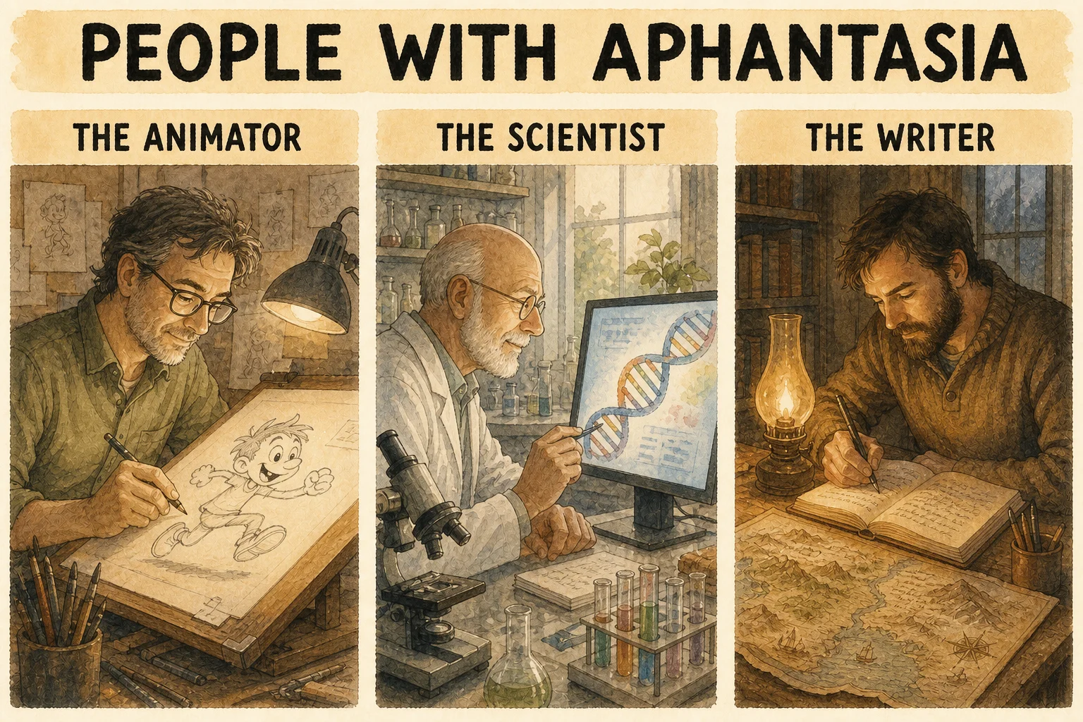 Panel one: a middle-aged male animator with glasses at a drafting table sketches a lively cartoon character, discovering it as the pencil moves. Panel two: a bald older male scientist in a lab coat studies a colorful strand of DNA on a screen with focused joy. Panel three: a bearded male novelist writes by lamplight, a hand-drawn fantasy map spread across his desk. No thought bubbles, no picture frames, no hearts, no floating symbols.