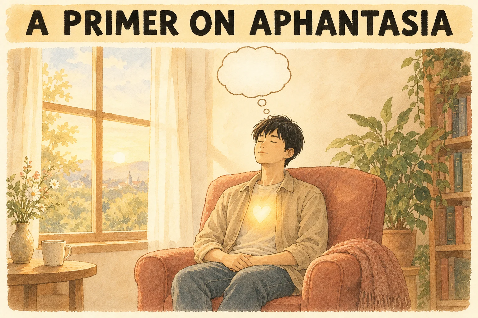 A young East Asian man with short straight black hair sits in an armchair by a sunlit window with his eyes closed and a peaceful smile; ONE completely empty thought bubble rises directly above his head, its trail of small circles touching his head, and a softly glowing heart shines on his chest. No other symbols, no picture frames.