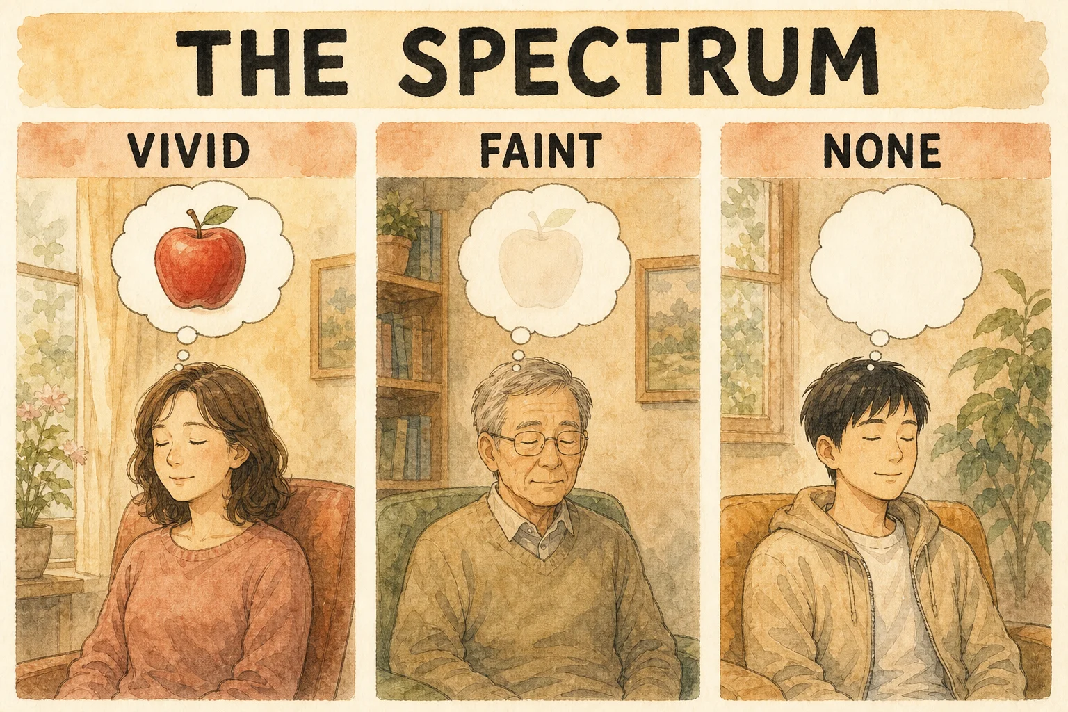 Panel one: a woman sits with eyes closed, and ONE thought bubble rising directly from her head holds a bright, fully painted red apple. Panel two: an older man sits with eyes closed, and ONE thought bubble rising directly from his head holds a pale, faded, barely visible apple. Panel three: a young East Asian man with short straight black hair sits with eyes closed, smiling, and ONE thought bubble rising directly from his head is completely empty. Each bubble's trail of small circles touches its own person's head. No other symbols.