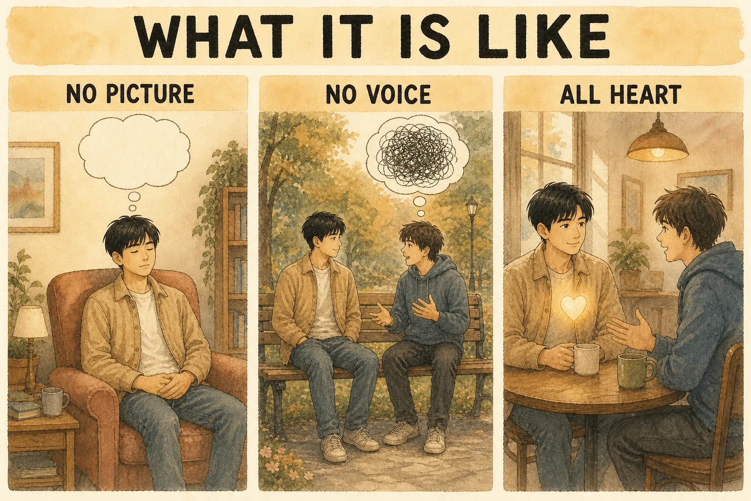Panel one: a young East Asian man with short straight black hair sits in an armchair with his eyes closed, and ONE completely empty thought bubble rises directly above his head, its trail touching his head. Panel two: the same man sits on a park bench beside a friend; the friend's head has ONE thought bubble crowded with tangled, busy scribbled squiggle lines like a noisy chattering inner voice (abstract scribbles only, no letters), while the East Asian man beside him sits calm and peaceful with NO bubble at all. Panel three: the same man sits at a small cafe table listening warmly to a friend who is talking, a softly glowing heart on his chest; no bubbles.