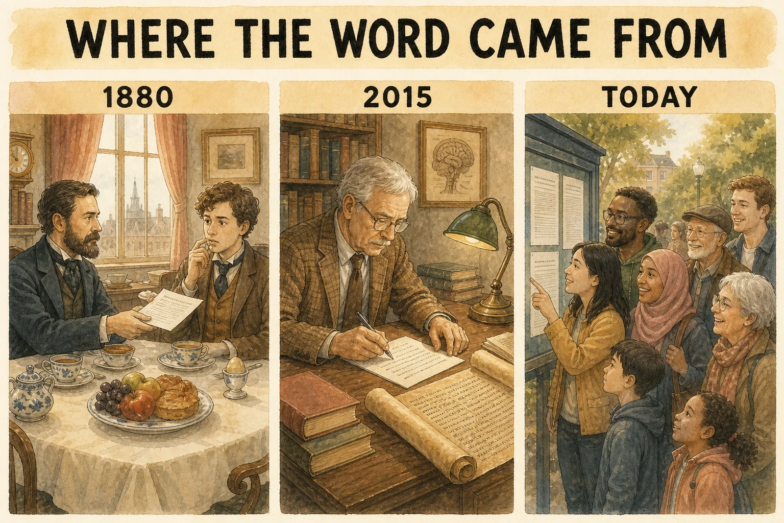 Panel one: a bearded Victorian gentleman scientist at a breakfast table hands a paper questionnaire to a puzzled young guest. Panel two: a gray-haired older male neurologist in a tweed jacket writes on a page at his desk beside an old Greek scroll. Panel three: a diverse crowd of people of all ages reads a notice board together, faces full of relief and recognition. No thought bubbles, no floating symbols, no hearts.