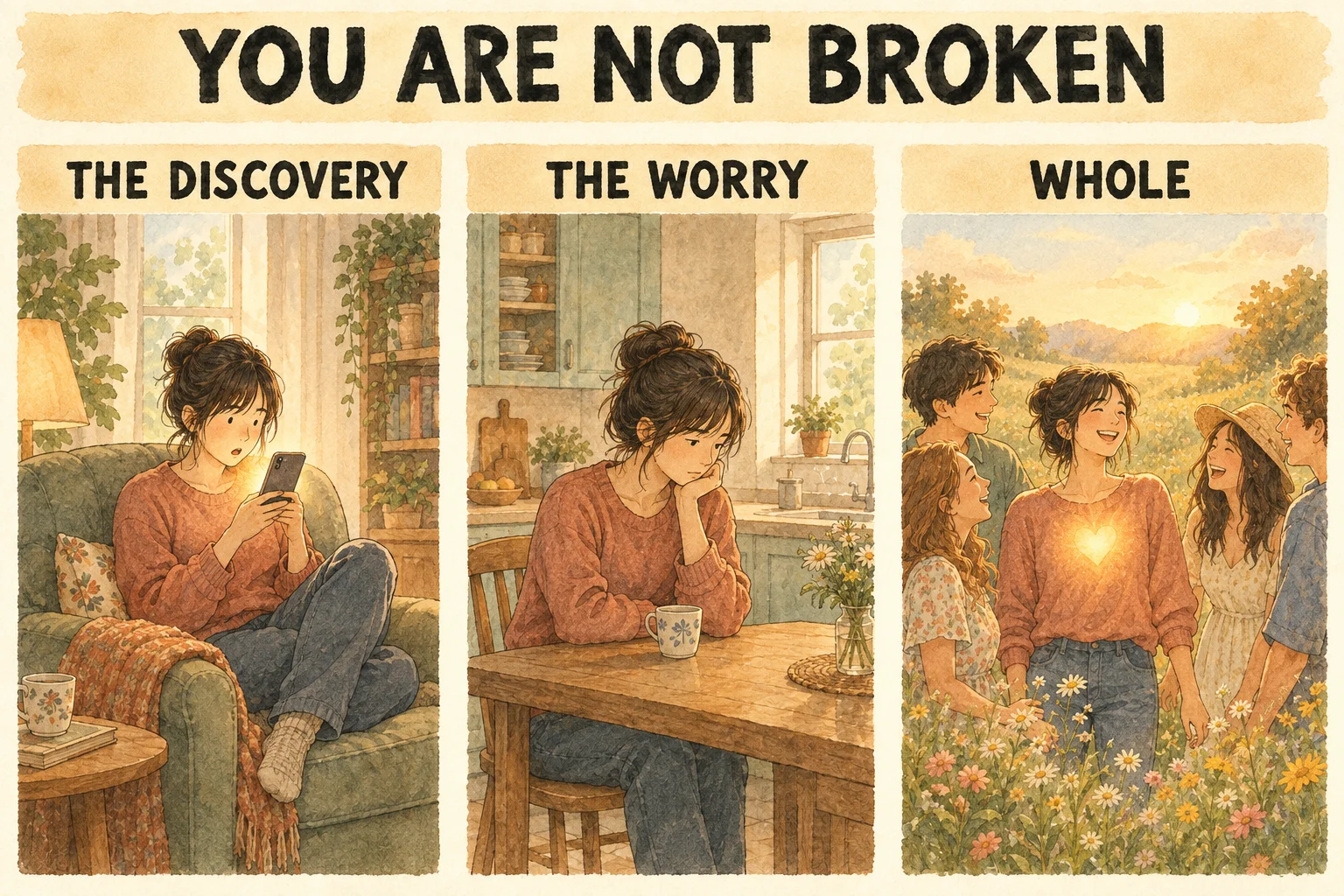 Panel one: a young woman in an armchair reads an article on her phone with a look of surprise. Panel two: the same woman sits alone at a kitchen table, chin in hand, looking worried. Panel three: the same woman stands smiling in a sunny meadow surrounded by laughing friends, a softly glowing heart on her chest. No thought bubbles, no picture frames, no floating symbols.